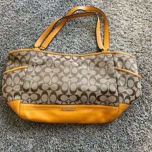 Coach Tan and Yellow Signature Shoulder Bag